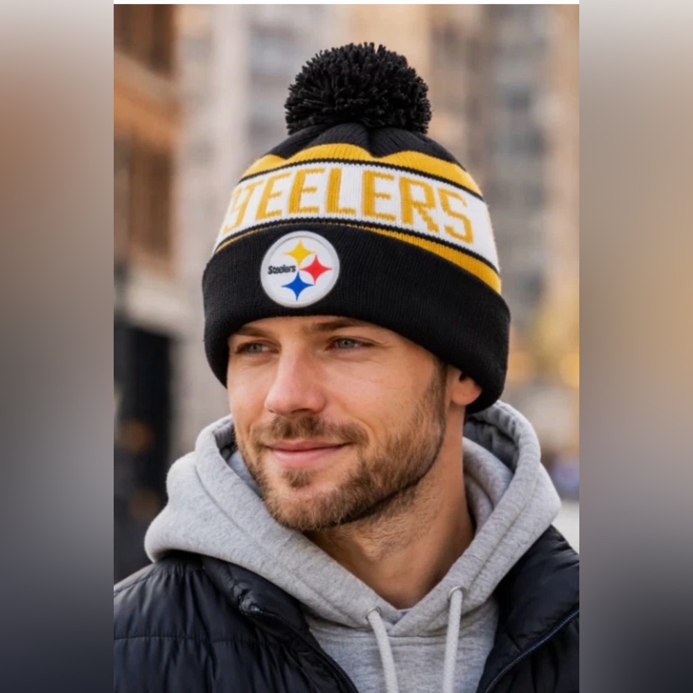 Pittsburgh‎ Steelers NFL Pom Beanie – Black & Gold Knit Winter Hat w/ Embroidery